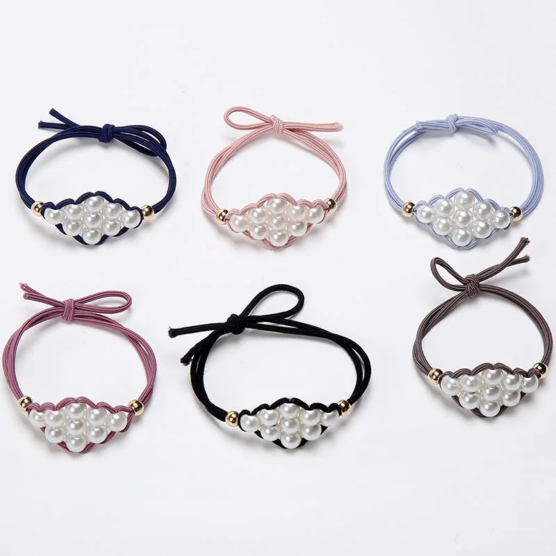 6 Colors Available Simple Design Elastic Hair Band, Pearl Hair Tie