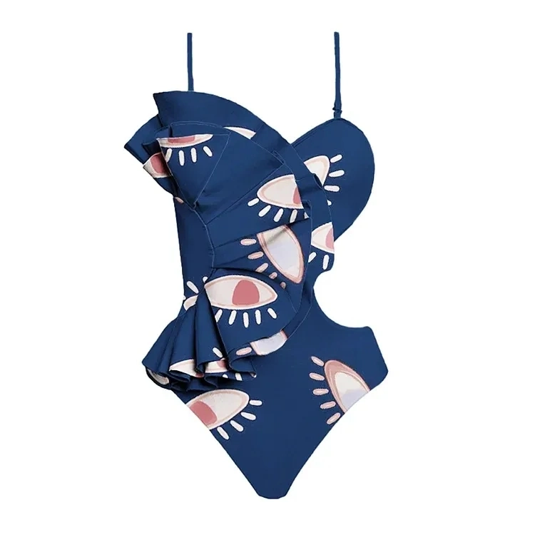 2023 New Cutout Ruffle Eye Print One Piece Beachwear