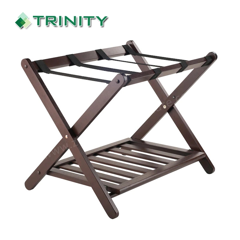 Commercial Hotel Furniture Antique Walnut Solid Wood Belt Foldable Luggage Rack with Shelf