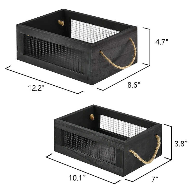 Set of 2 Wood Storage Bins Nesting Baskets Wooden Crates for Kitchen