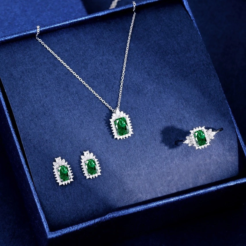 S925 Sterling Silver Jewelry Set with Zircon Gem Ring Necklace Earrings