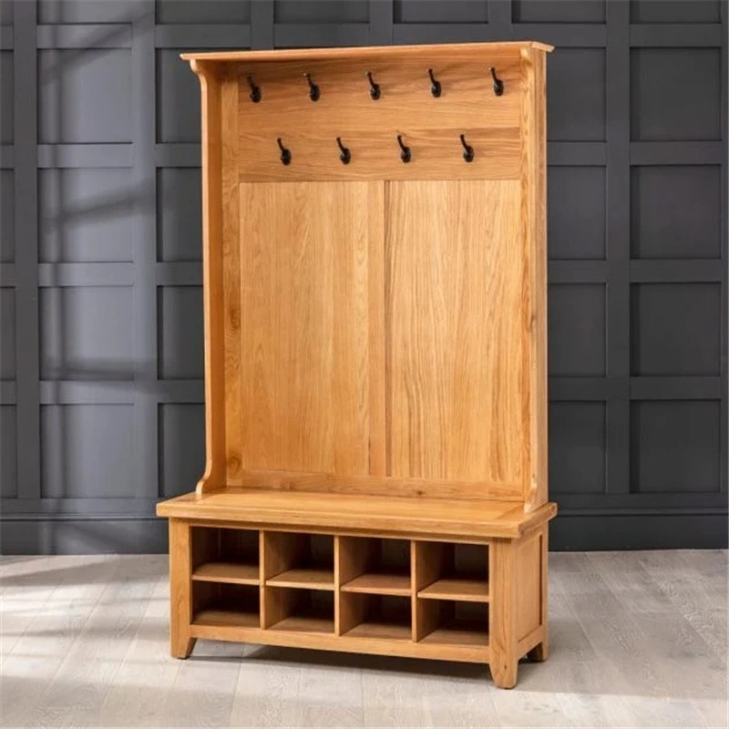 Chinese Bespoke Customization Large Natural Solid Oak Wooden Coat Clothes Display Rack with Multiple Shoes Open Storage Cabinet in Hallyway Entrance Furniture