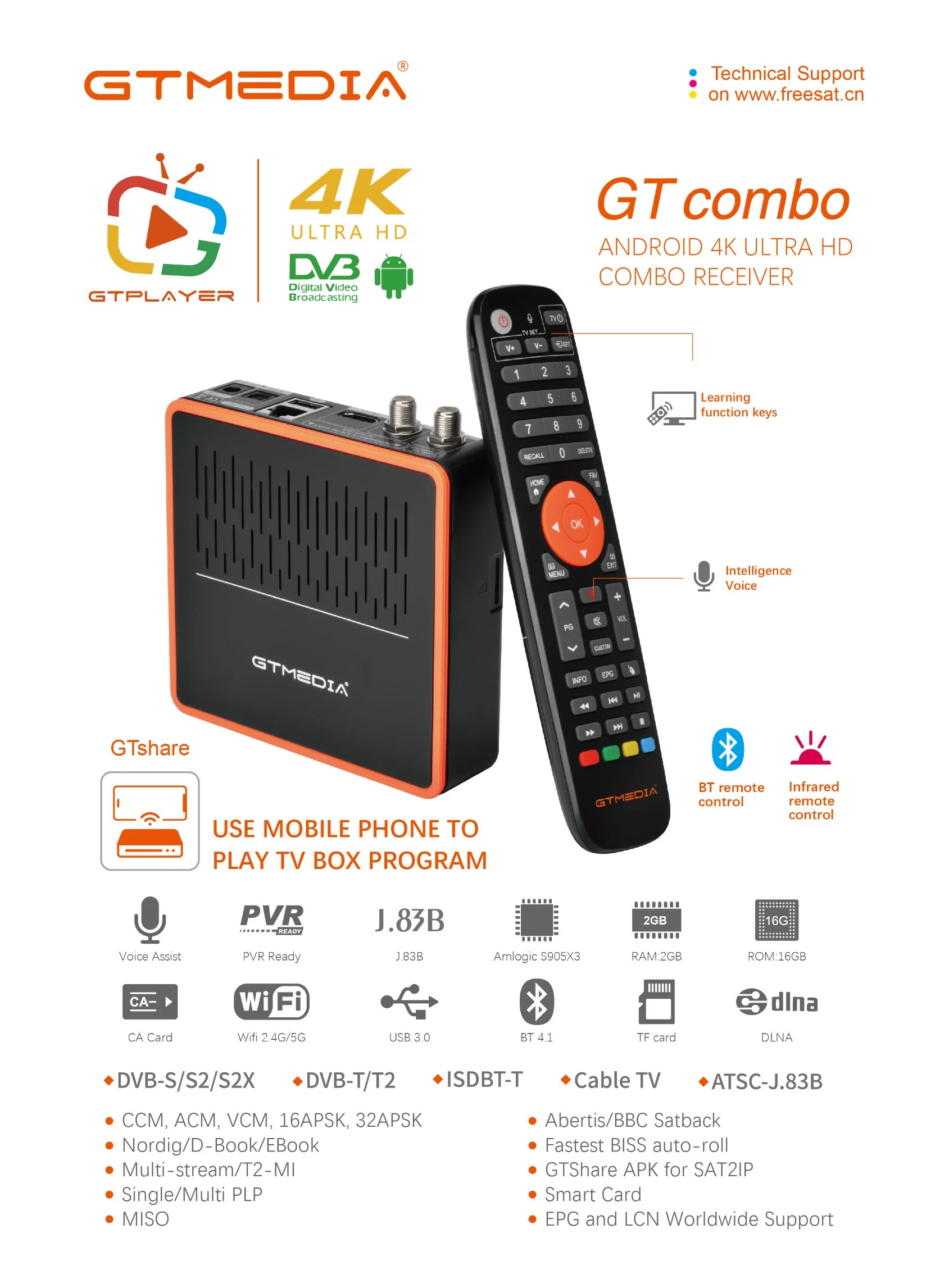 Gtmedia Gt Combo Original 4K IPTV Media Player Internet Android 9.0+DVB TV Receiver Set Top Box