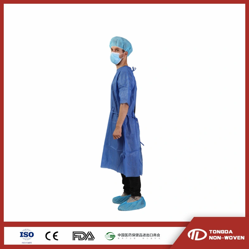 Blue Standard Reinforced Disposable Surgical Non Woven Waterproof Patient Gown with Tie