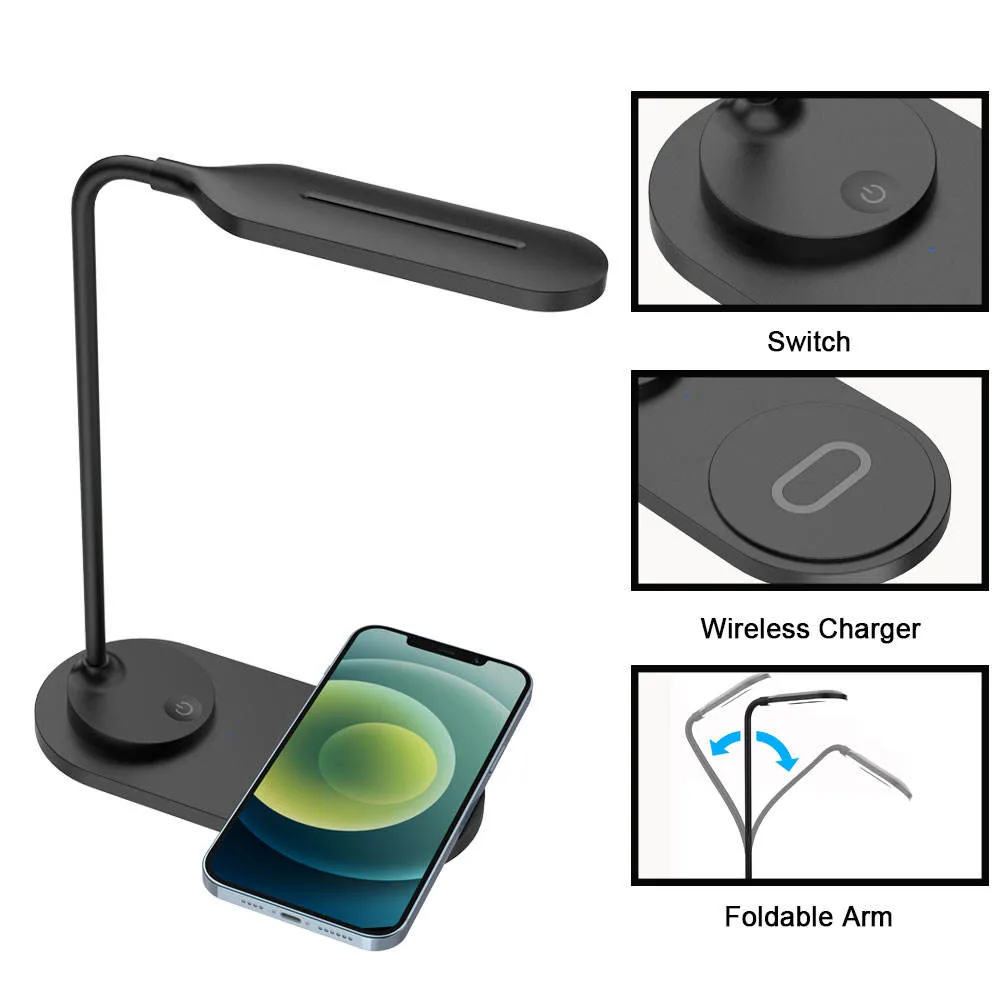 10W Fast Charging Wireless Charger Foldable Arm 3 Lighting Modes Table Book Night Light Desk Table LED Lamp for Home Bedroom Study