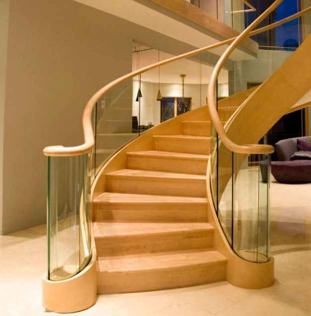 Factory Sale Steel Beam Wooden Curved Staircase with Glass Railing Indoor