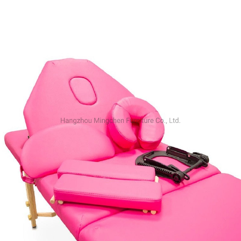 Ligero de PVC de color rosa 3 Sección belleza Camilla de masaje plegable de madera