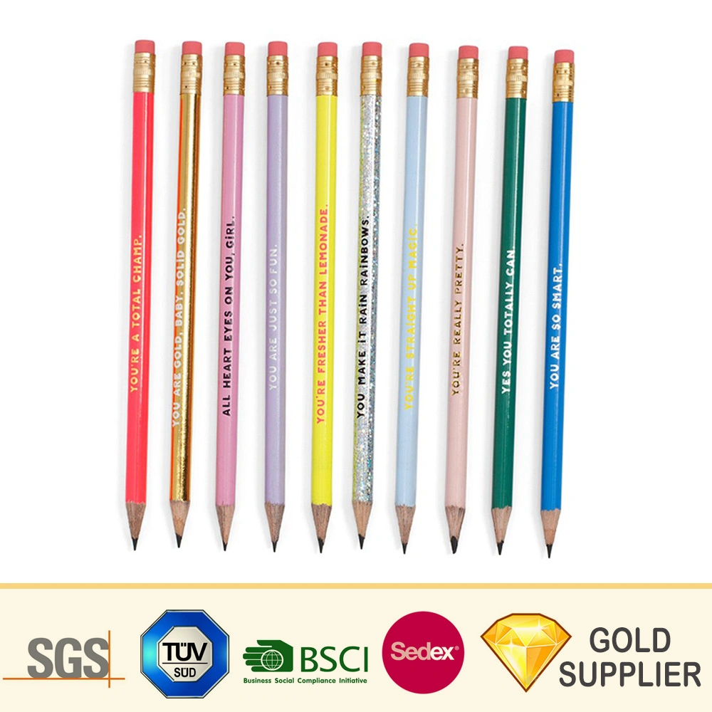 Haute qualité/performance à coût élevé Non-Toxic naturelles promotionnels personnalisés papeterie scolaire Bureau d'impression sous étiquette privée en bois couleur de dessin Crayon avec gomme