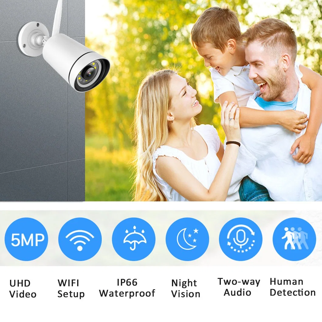 8PCS 5MP Waterproof Color Night Vision WiFi IP CCTV Camera NVR Kits with Audio Face Human Detection Alarm Phone APP Cloud Storage