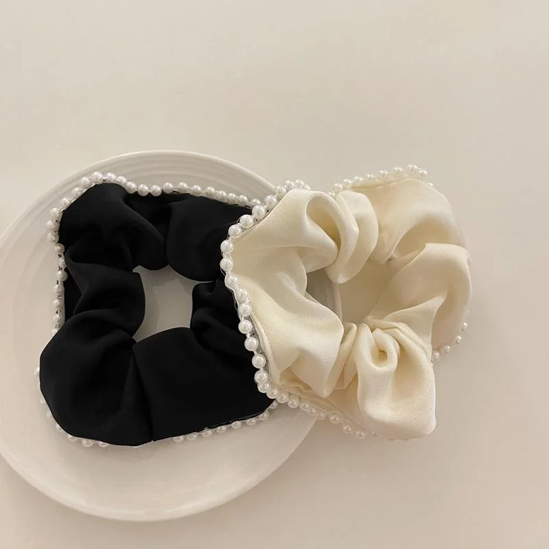 Wholesale Custom New Style Satin Silk Scrunchies Elegant Pearl Sweet Elastic Hair Bands