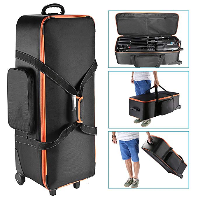 Photo Studio Equipment Trolley Carry Bag with Straps Padded Compartment Wheel, Handle for Light Stand, Tripod, Strobe Light, Umbrella, Photo Studio and Others