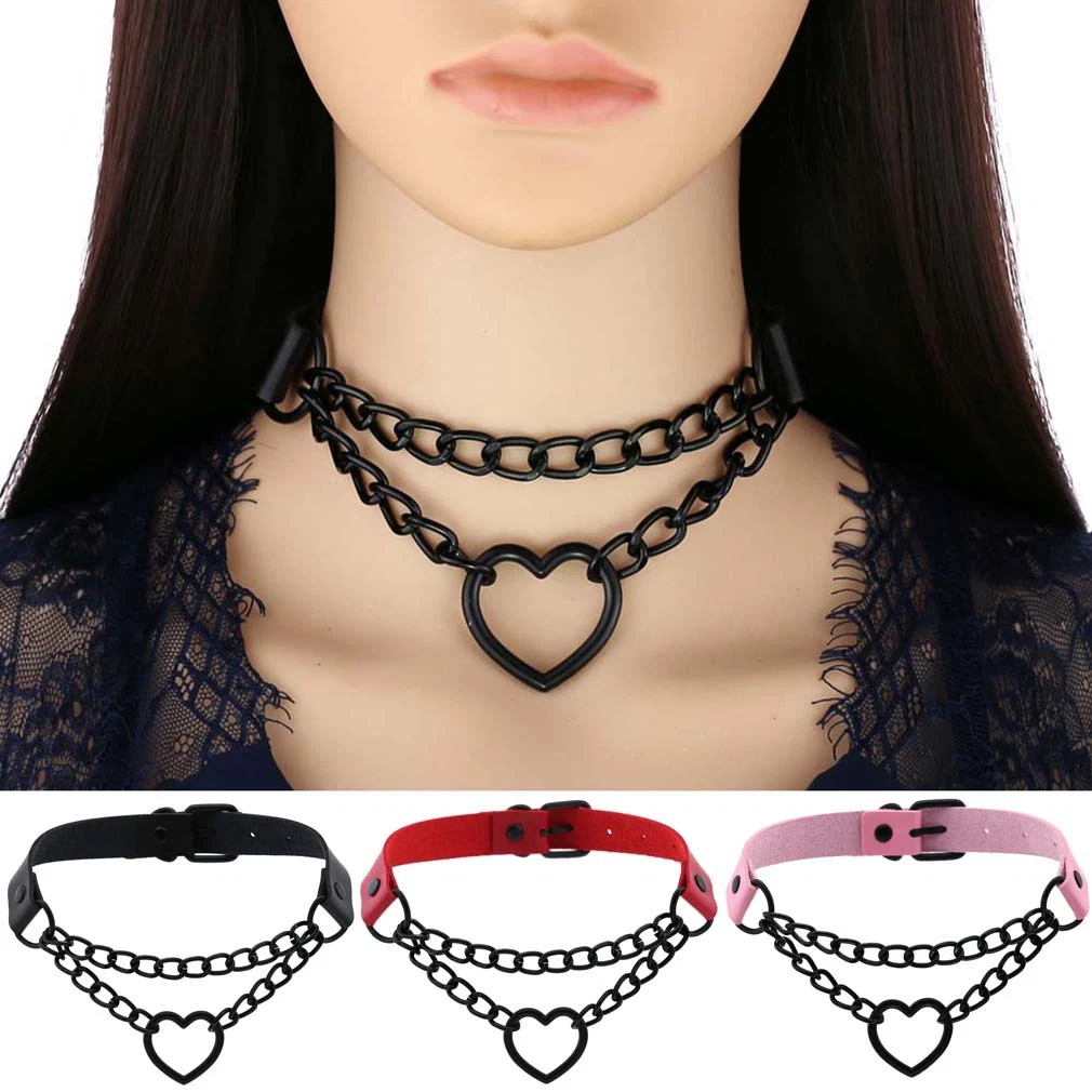 Punk Leather Black Chain Dark Spade Heart Necklace Neck Chain Bondage Bdsm Collar