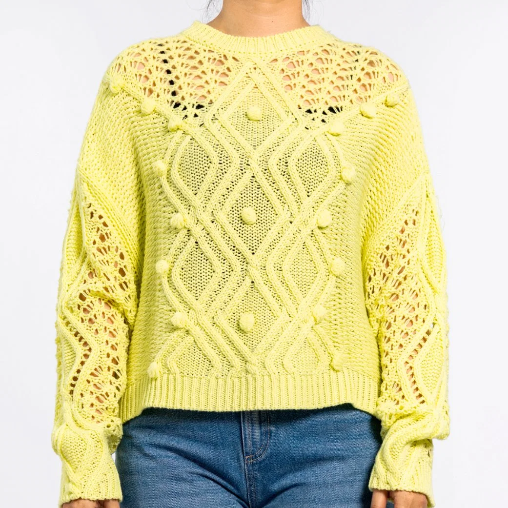 Round Neck Diamond Hollow Long Sleeve Knitted Pullover Yellow Sweaters for Women