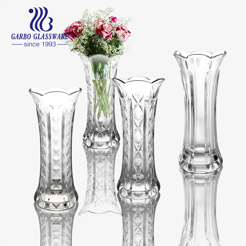 Home Table Decoration Simple Design Glass Vase with Square Engraved Embossing Pattern Flower Glass Holder for Daily Use