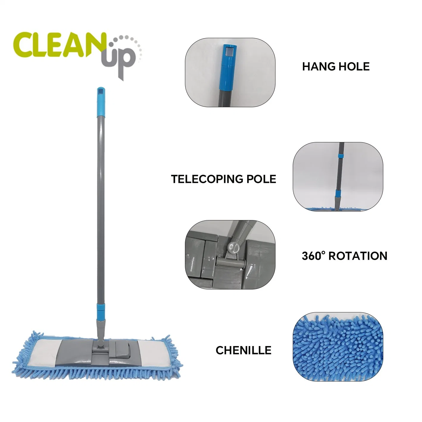 De microfibras de froco esfregona plana a limpeza do chão Mop, Wet Dry Usado Mop pó doméstico Mop, Fabricante personalizar as cores com pega telescópica