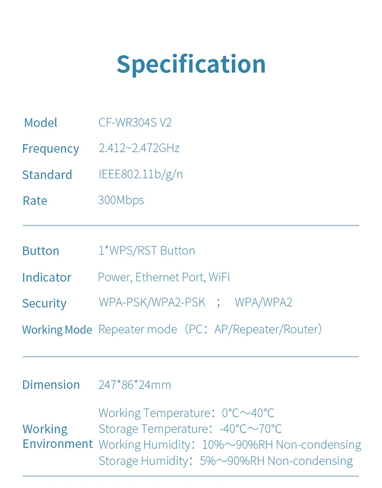 300Mbps de velocidad WiFi Amplificador de señal Comfast CF-WR304S V2 Repetidor WiFi Chipset fuerte