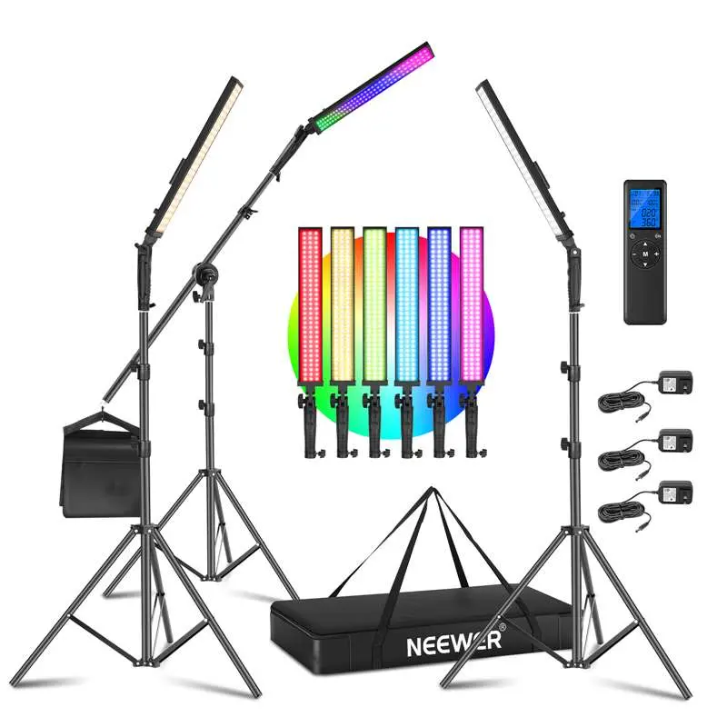 Neewer 2.4G RGB LED Light Stick, 3-Pack Photography Lighting Kit with Remote Control, Dimmable 3200K~5600K with Stand, Arm