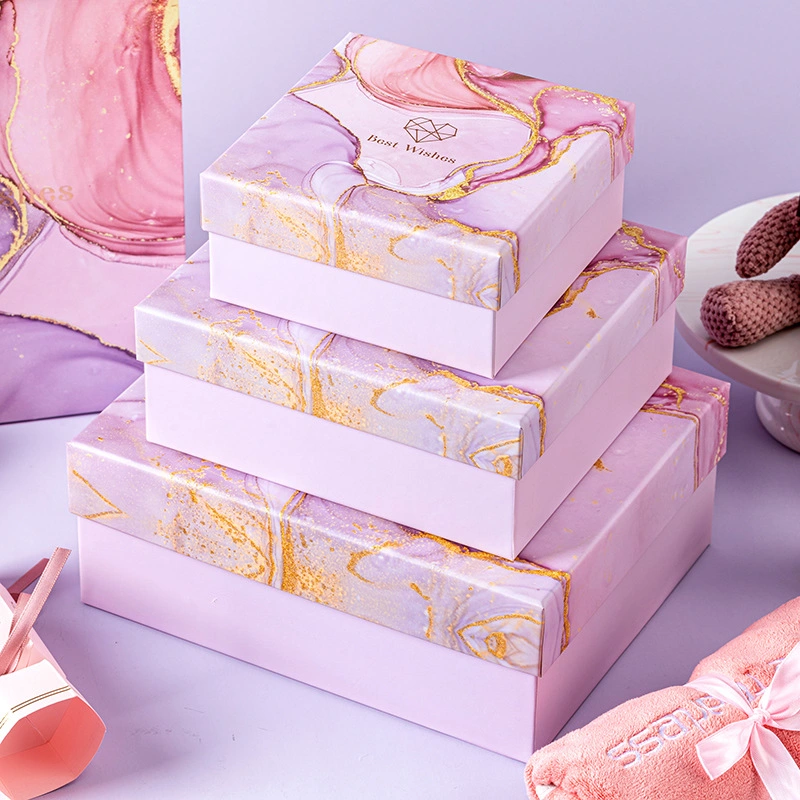 2023 China New Year Cook Wholesale Custom Pink Marble Printed Paper Cardboard Christmas Luxury Baby Gift Packaging Boxes Set with Transparent Lid Present
