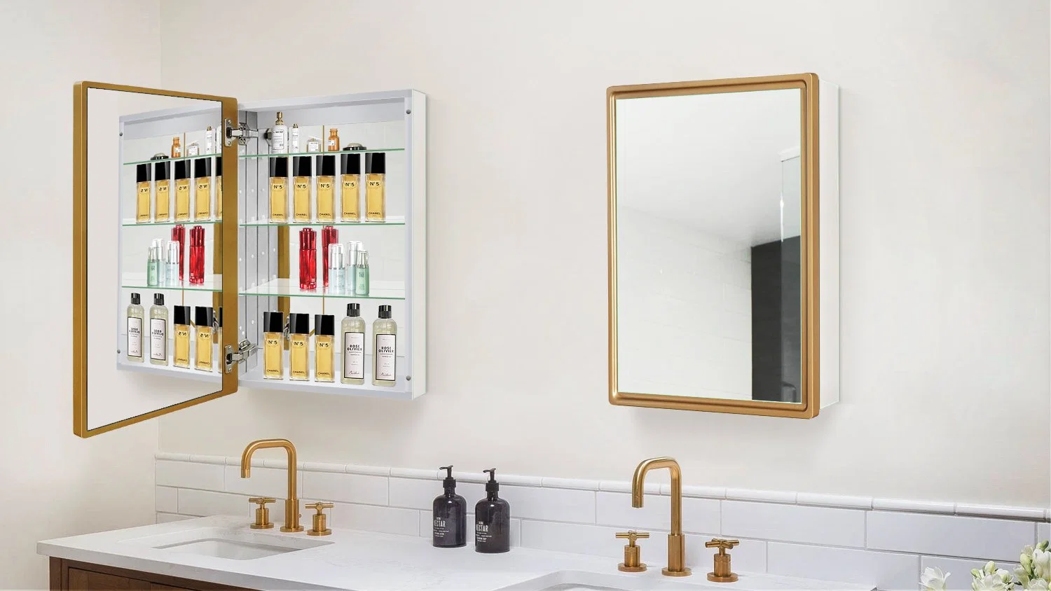 Bathroom Mirror Cabinet Gold Framed Wall Aluminum Alloy Waterproof Medicine Cabinet Northern Europe Storage Hanging Cabinet with Single Door for Toilet Kitchen