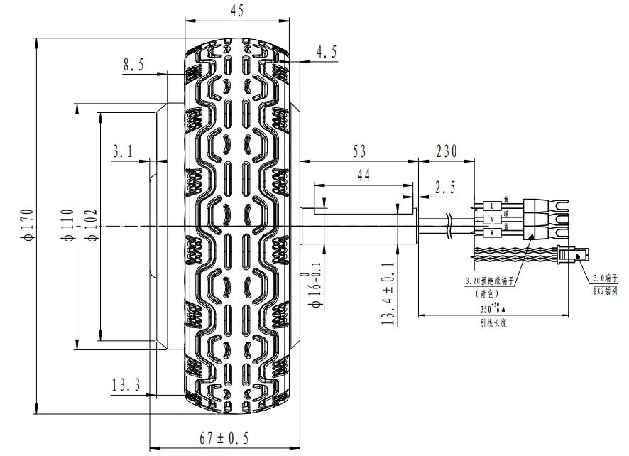 Dmke 6,5inch 180W 24V 36V BLDC IP65 neumático de caucho eléctrico Servomotor de cubo de rueda con codificador magnético para limpieza Robot