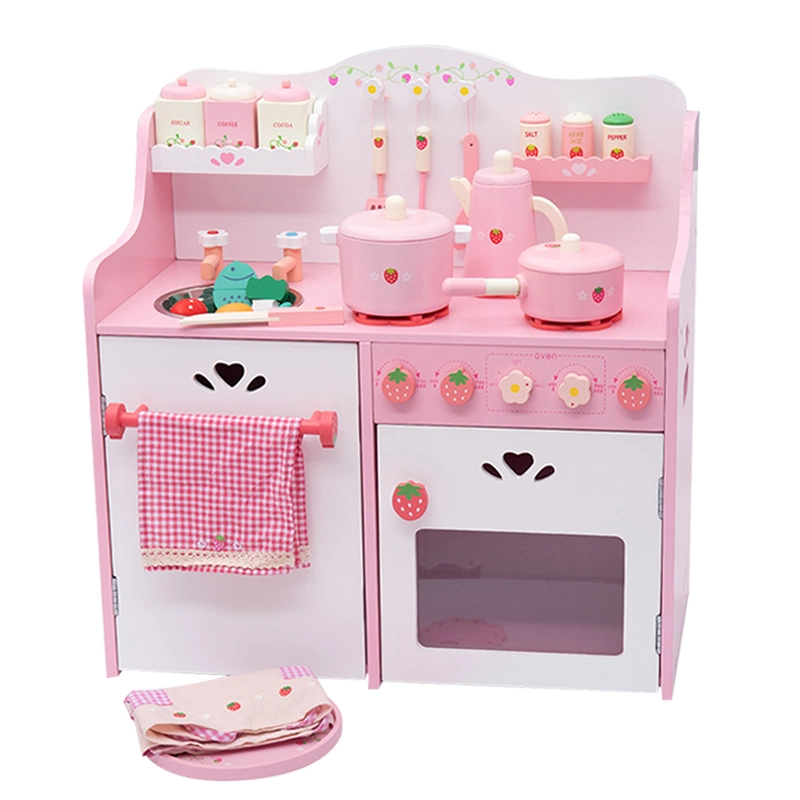 OEM &amp; ODM Kids Wooden Kitchen Toys Play Set Educational Wooden pretend Brinca com brinquedos de lavagem Toy Pink Cooking Cozinha elegante Toy