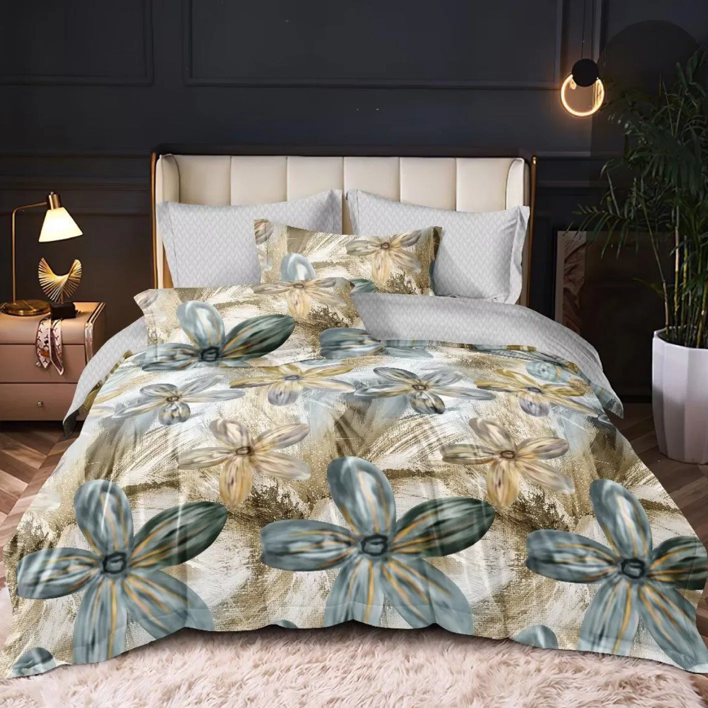 Comforter Set Bed Linen Collection with Microfiber Polyester Sheets Customizable Pillowcase Home Textile Sanding Bedspread Bedding with Curtain