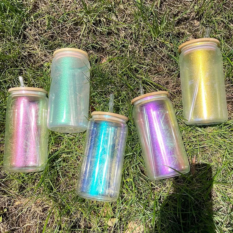 16oz 20oz Blank Sublimation Iridescent Rainbow Glitter Ombre Color Iridescent Glass Can with Bamboo Lid and Straw for Water, Wine, Beer, Cocktails