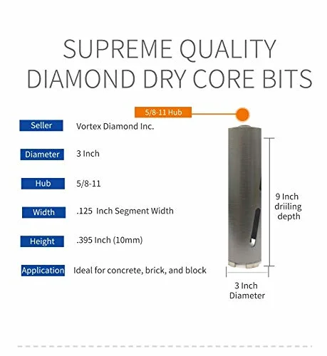 3 Inch Dry Drill Core Bits with Diamond Aligned Segment for Brick Concrete Masonry 5/8"-11 Threaded