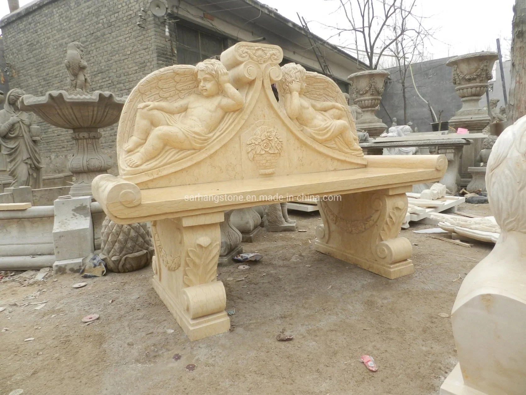 Outdoor Decorative Marble Stone Carved Angel Statue Benches Stone Carve Bench