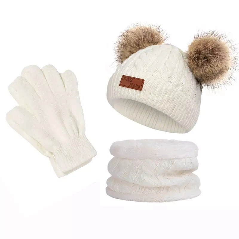 O bebé Hat define Faux Duplo macio quente de peles de Raccoon pompom party Knit Beanie Hat Toddler Kids chapéu de inverno em malha luva e Cachecol Definido