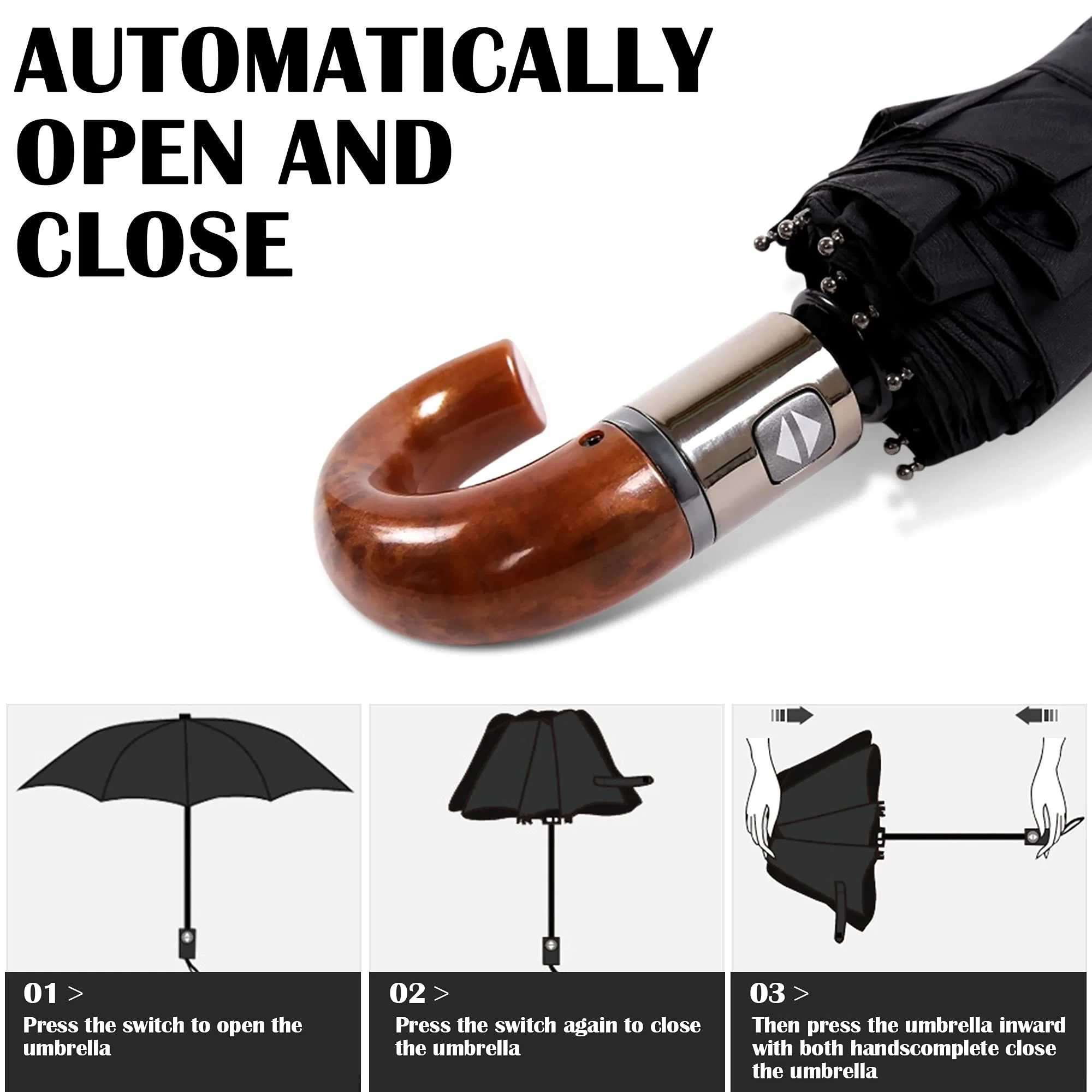 Luxury Men Folding Umbrella Automatic Open Close Wood J-Handle Compact Business Windproof Travel Outdoor Sun Umbrella