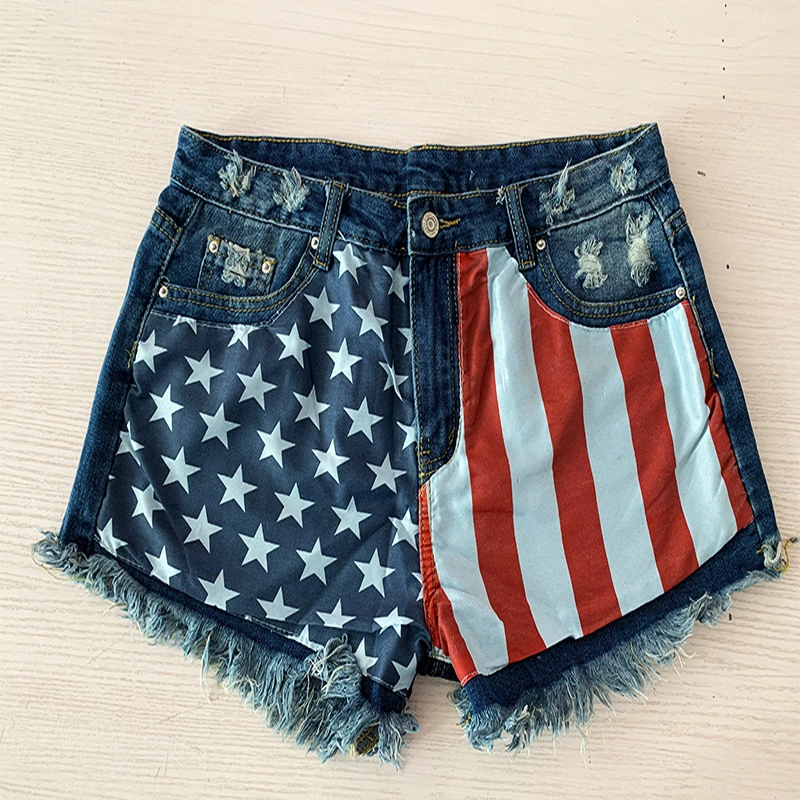 Women Short Jeans American Us Flag Mini Hot Pants Denim Low Waist Washed Distressed Short Jeans Esg14338