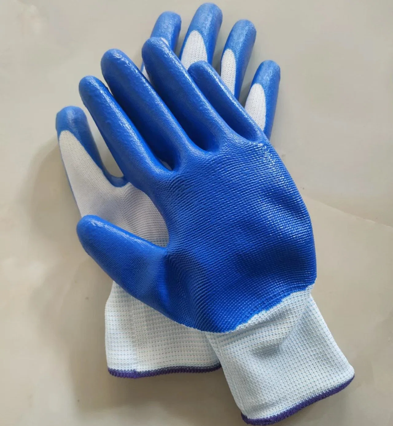 Breathable White Polyester Knitted Blue Nitrile Coating Work Gloves