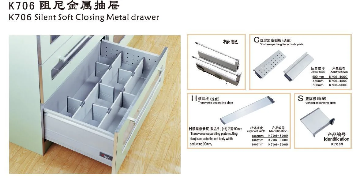 Cajas de cajones de metal Wellmax para muebles cierre suave silencioso de metal Cajón (K706-400)