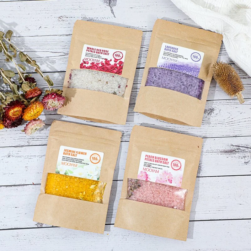 Mooyam Bulk Natural Jasmine Peach Blossom Bath Salts with Flowers Bath SPA Relaxing Smoothing Lavender Rose Petals Bath Salt