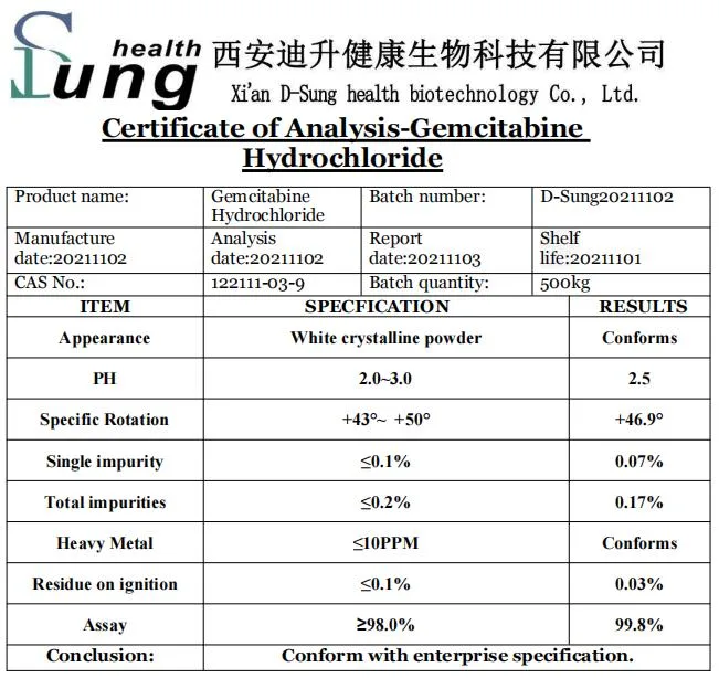 Anti-Cancer CAS 122111-03-9 de la API de HCl de gemcitabina gemcitabina Materia Prima de clorhidrato de gemcitabina