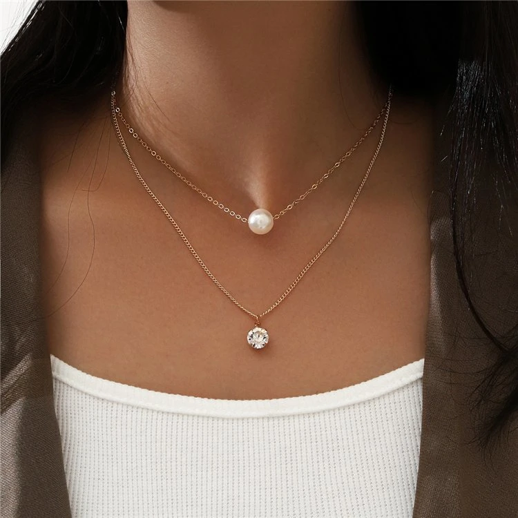 Fashion Sweet Double Layered Imitation Pearl Bling Rhinestone Pendant Necklace