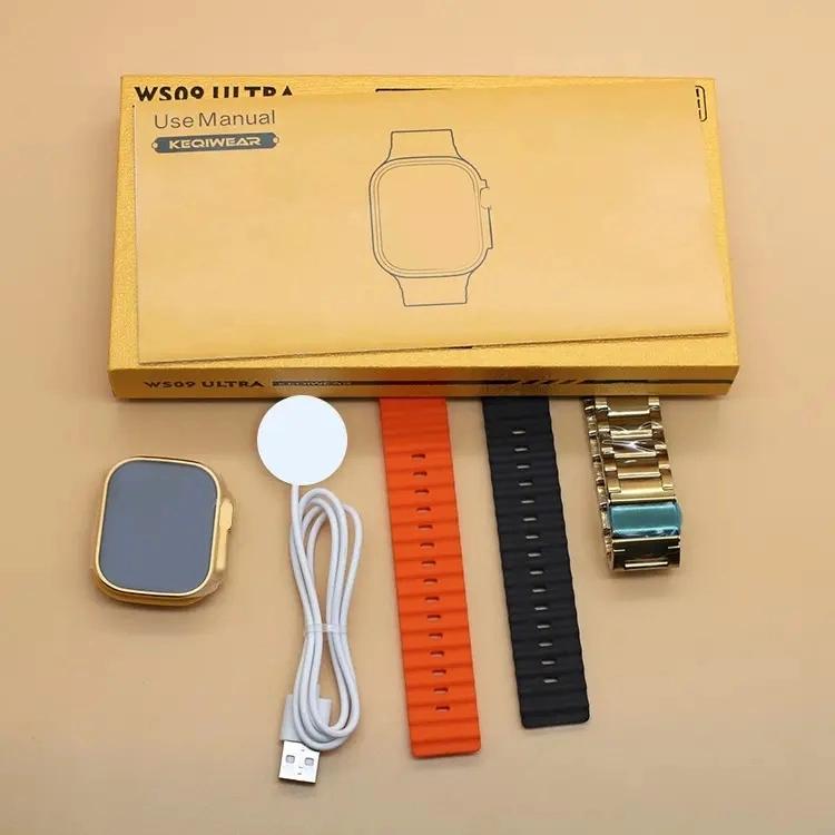 Newest Luxury Gold Ws09 Ultra Smart Watch 49mm Gold Steel Full Touch Screen 24K with Gold Metal Free 3 Straps