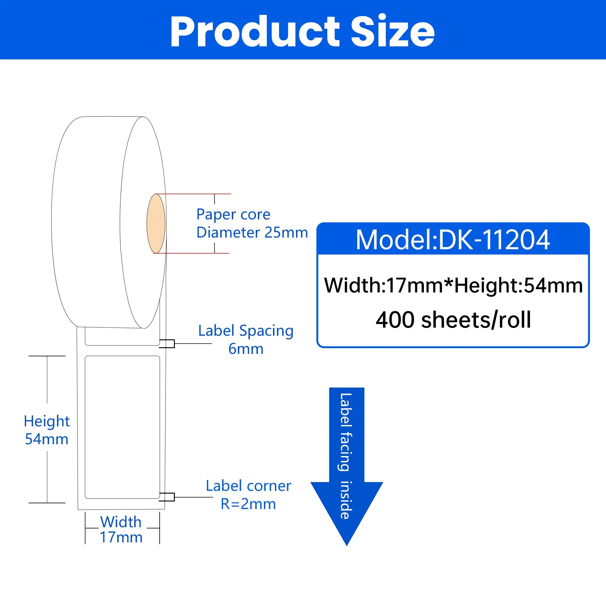 Fita autocolante para etiquetas de papel térmico compatível com Brother DK Series DK-11204 (Preto sobre branco)