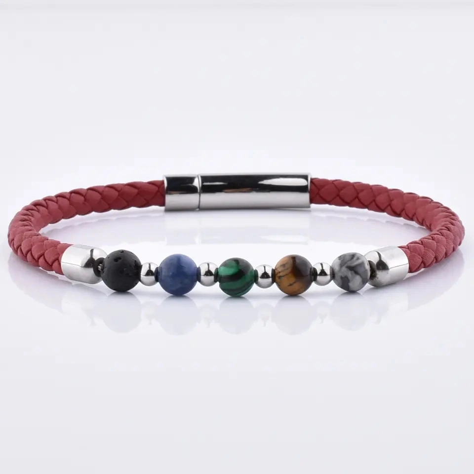 Homme 6 mm Lava Natural Gemstone perle acier inoxydable fermoir Noir Bracelet en cuir