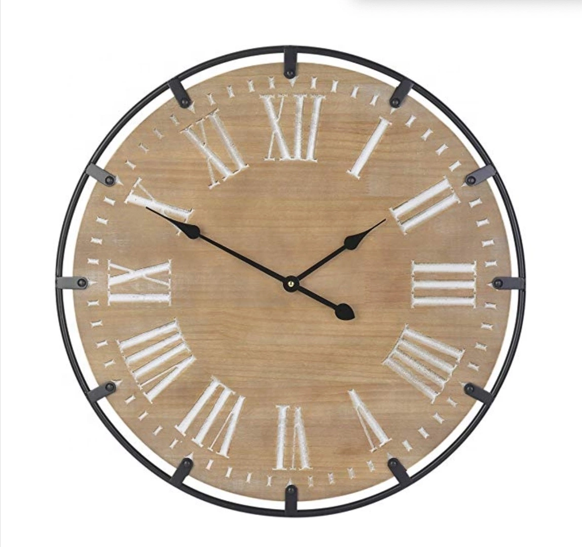 Oversized Rustic Metal Solid Wood Silent Wall Clock Indoor Decor Large