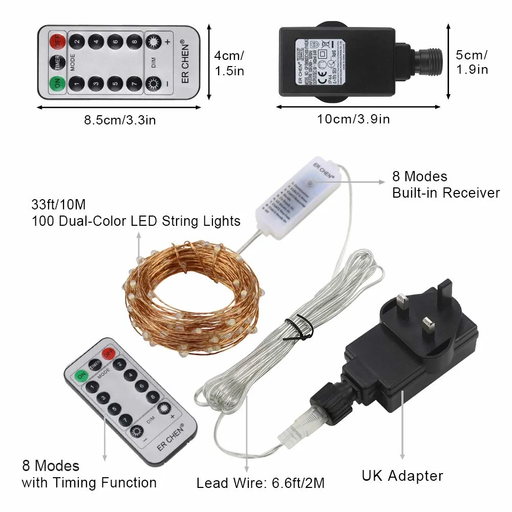 Dual-Color cadena LED luces, de 33 pies 100 LEDs enchufar el cable de cobre de 8 modos de hadas regulable de luces con temporizador remoto