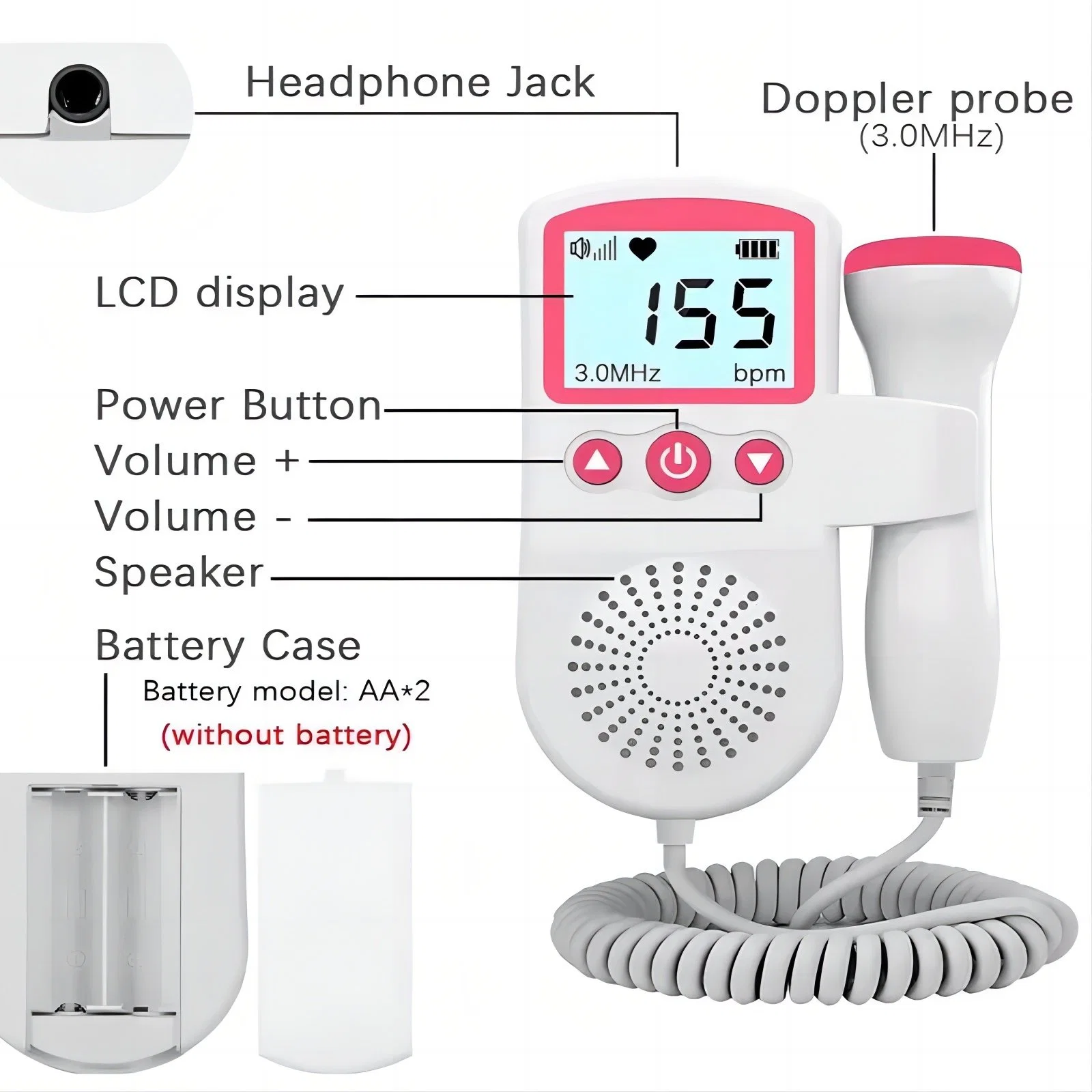 Digital Display portátil Ultrasonido Monitor de latido fetal Doppler fetal