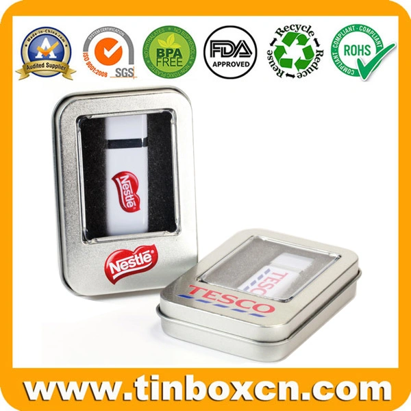 إفراغ علبة جهاز USB Flash Disk Tin Box المخصص مع PVC واضح نافذة