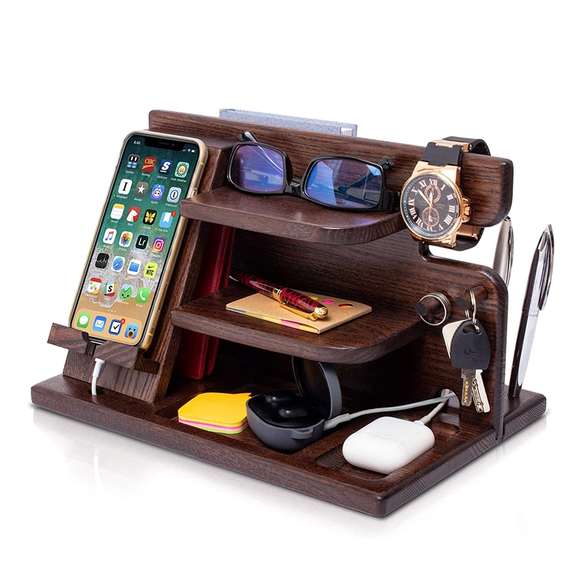 Wood Phone Docking Station Holder Wallet Stand Watch Organizer Men Gift Husband Wife Anniversary Dad Birthday