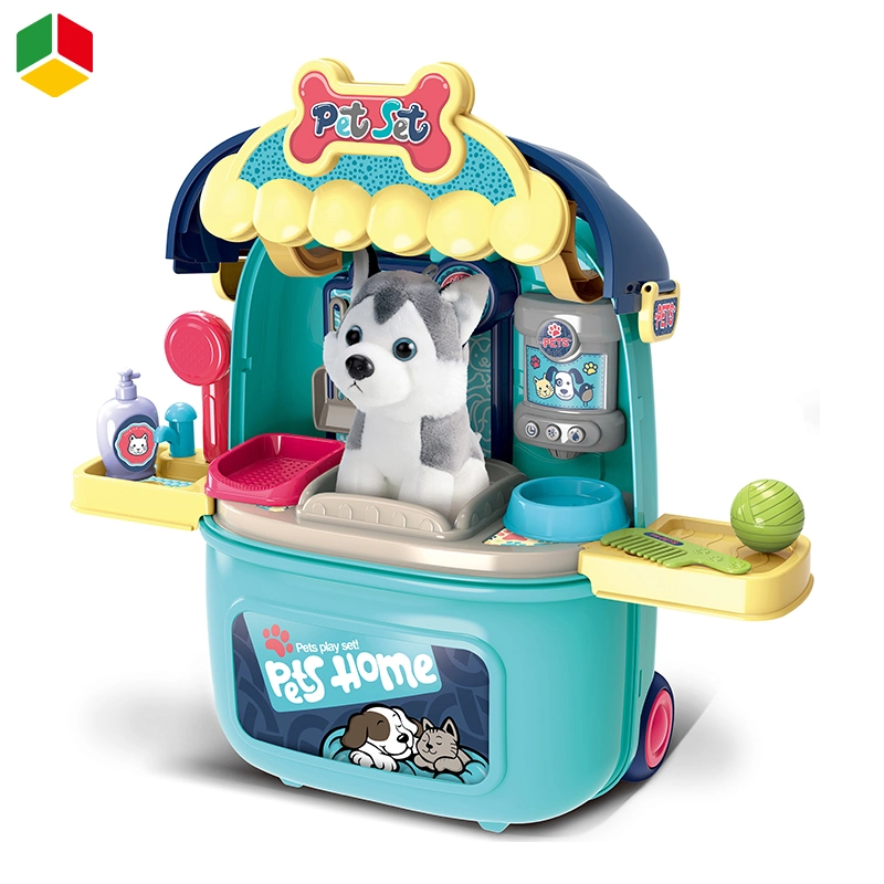 QS Children High Quality Plastic Simulation Pretend Play Plush Pet Dog Set Suitcase Toys for Kids