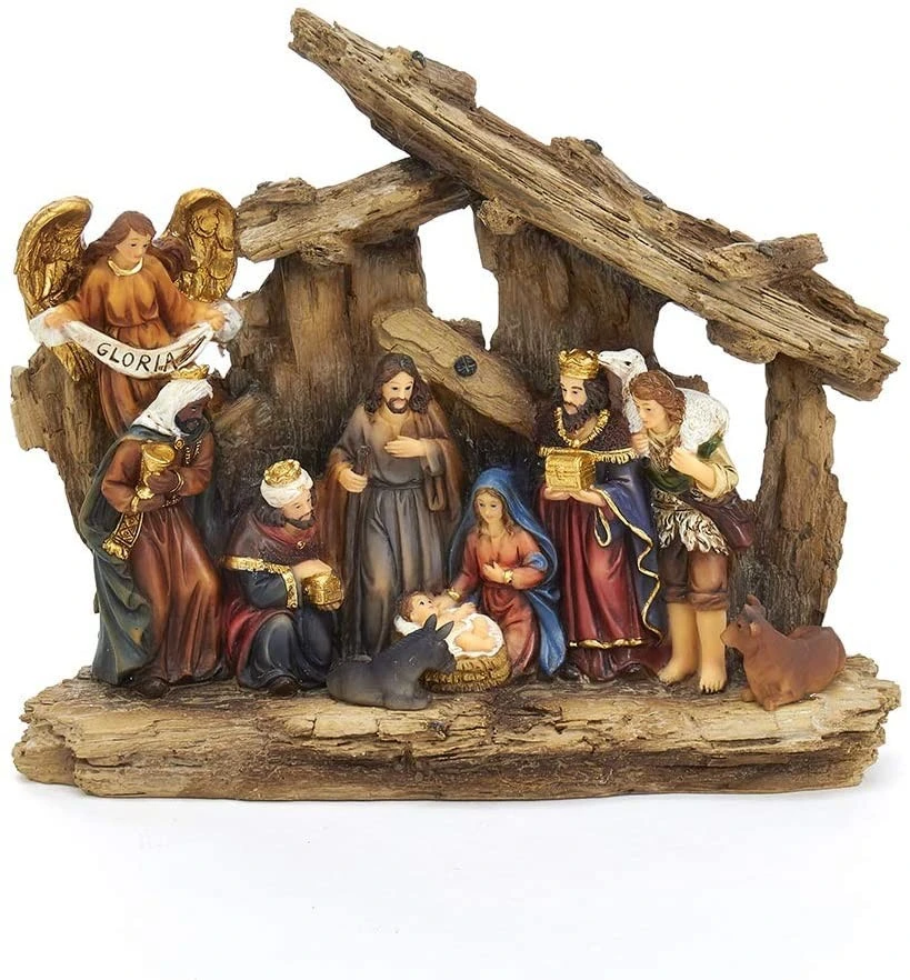 Resin Multi Wood Carved Nativity Set with Crib Sculpture Decoration