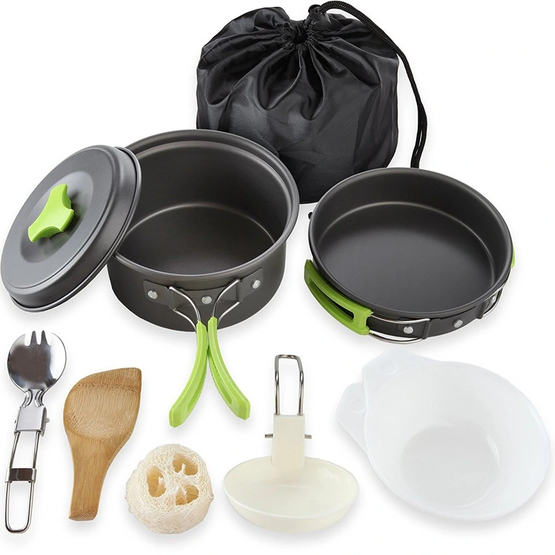 Kit de cuisine de camping en plein air en aluminium comprenant une casserole de cuisson et une poêle à frire.