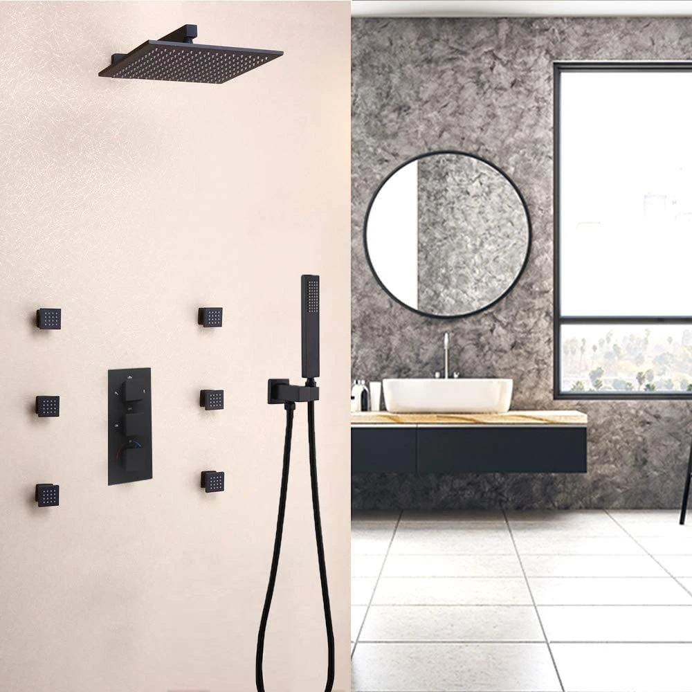 Système de tête de douche pluie à LED 12 pouces, montage mural avec Vanne de mélange thermostatique et 6 sprays pour corps de massage et à main Ensemble douche