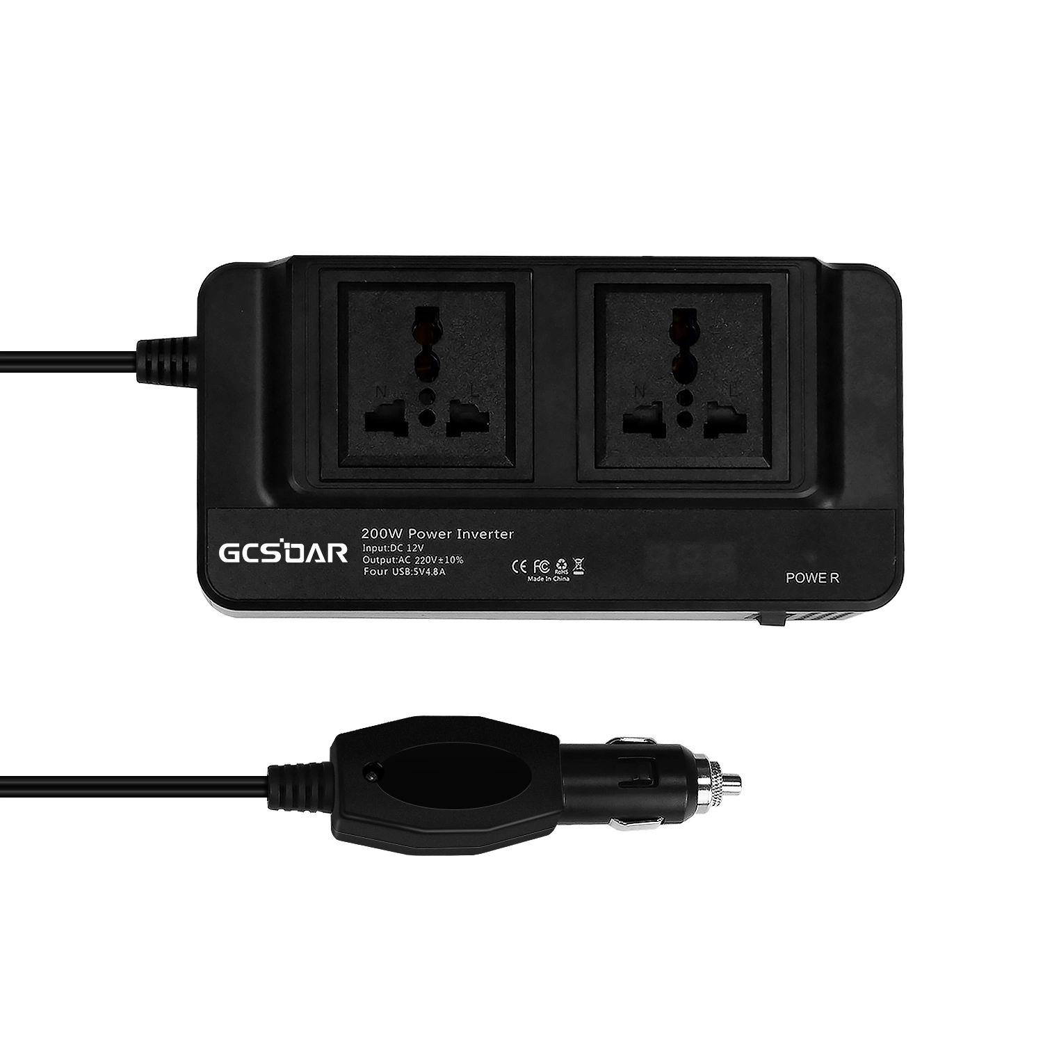 Gcsoar Hot Sell UK/eu Standard 200W inversor de potência CC 12V Para Conversor de tensão de carro de tomada dupla AC 220V